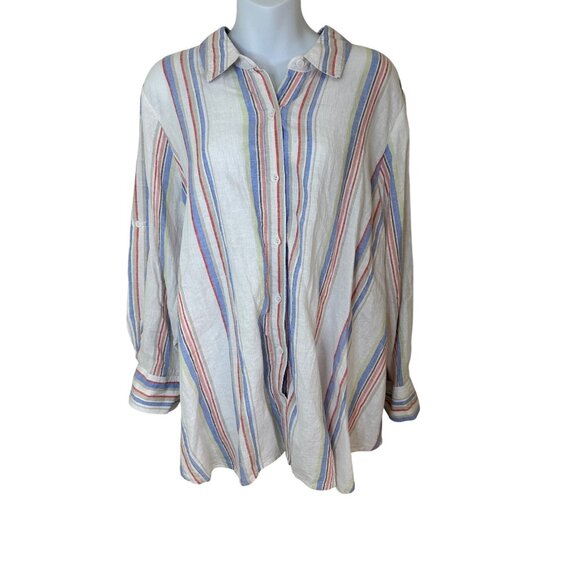 New Womens Large Linen Blend Multicolor Striped Button-Down Shirt Beach Resort - Picture 1 of 8